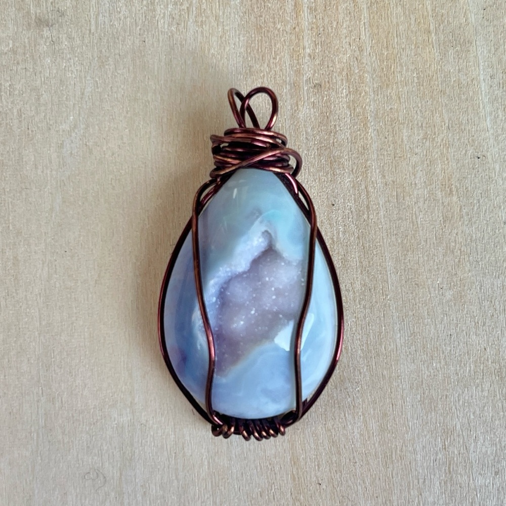 Handmade wire wrapped copper with periwinkle druzy quartz pendant
